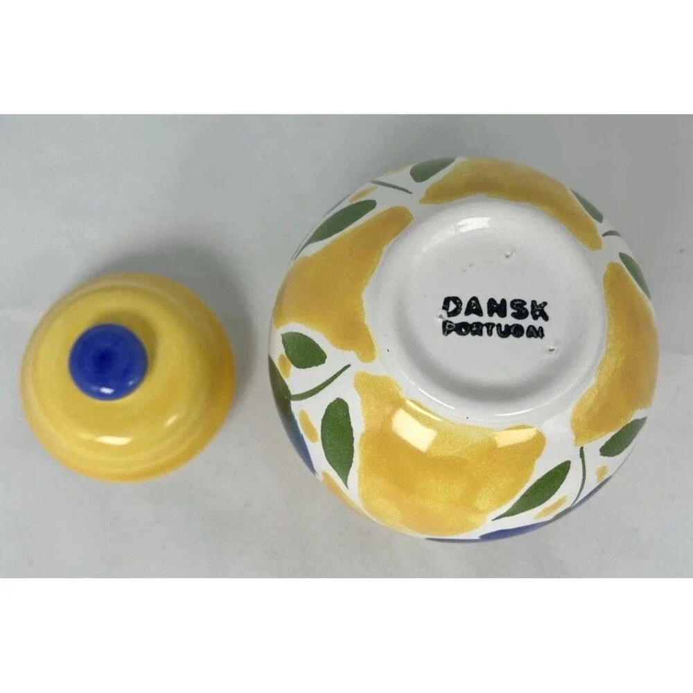 Dansk Portugal Hand Painted St Tropez Sugar Bowl & Lid Yellow Blue Flower EUC